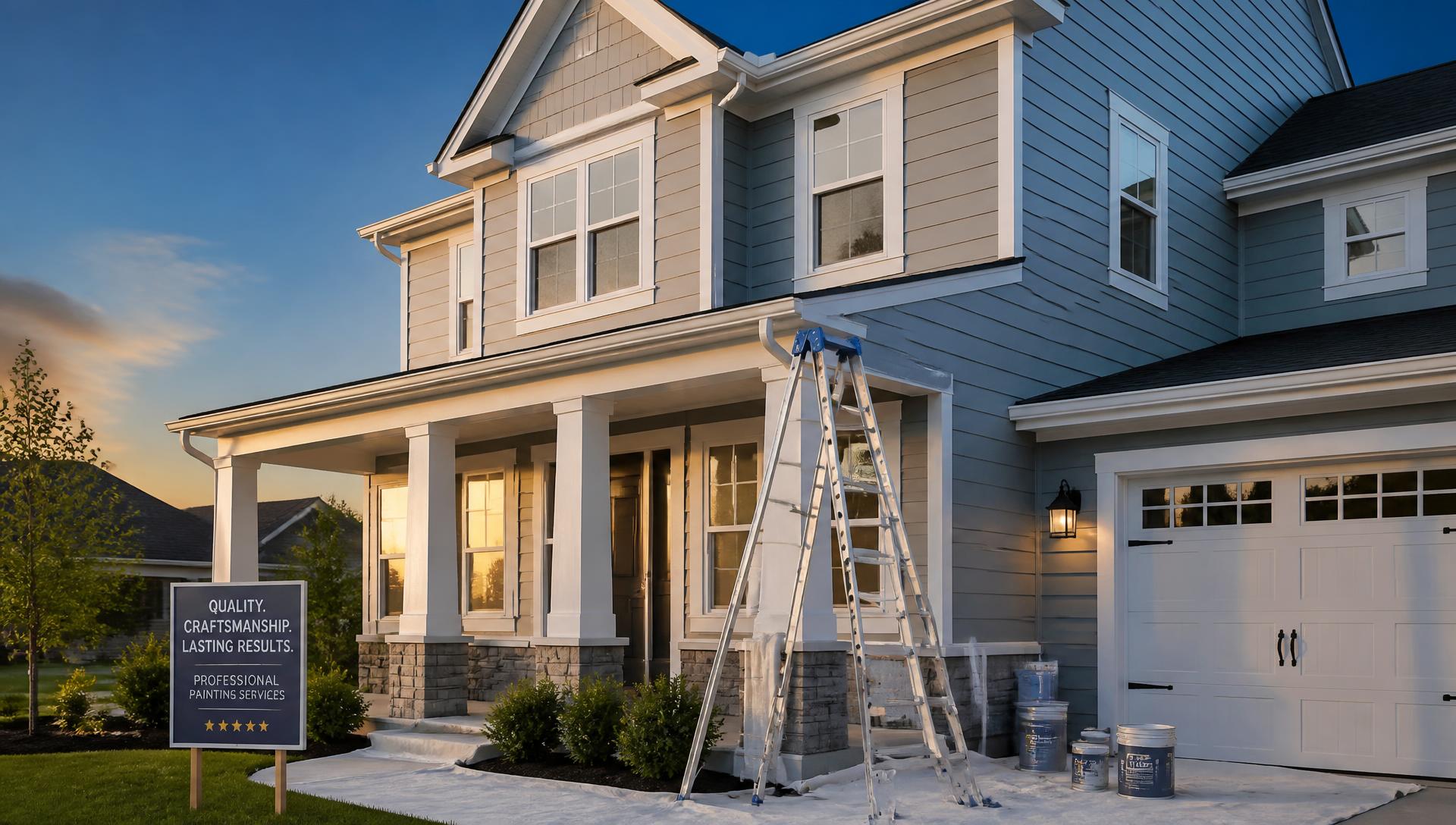 Freshly painted suburban home exterior with crisp white trim at dusk
